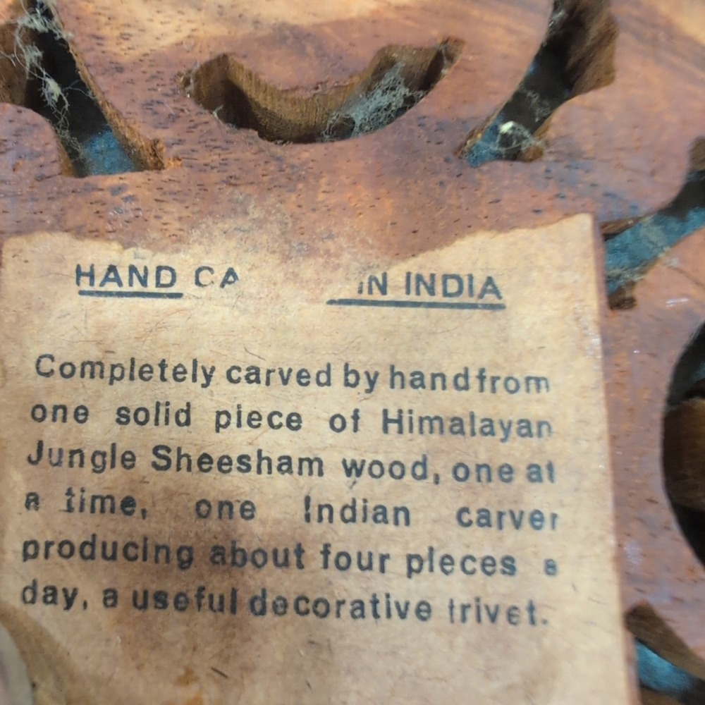 Vintage Hand Carved Sheesham Wood Trivet Set 2 Piece Floral Leaf Made in India - Picture 7 of 8